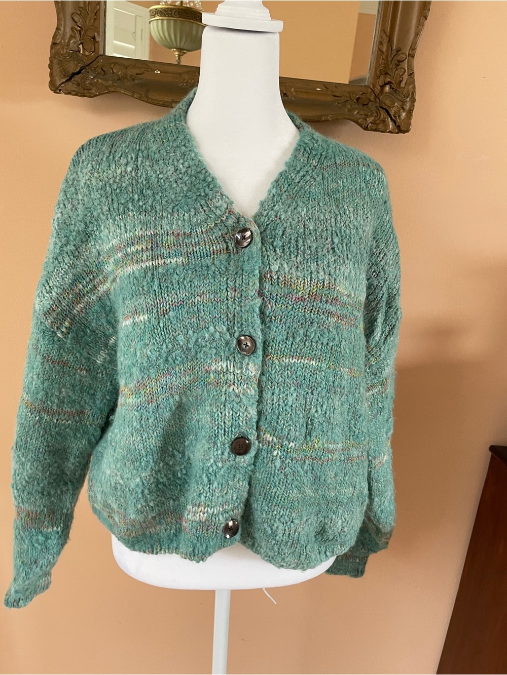 Italian Yarn Hand Knit Acrylic Alpaca Wool Blend Button Cardigan Sweater S/M
